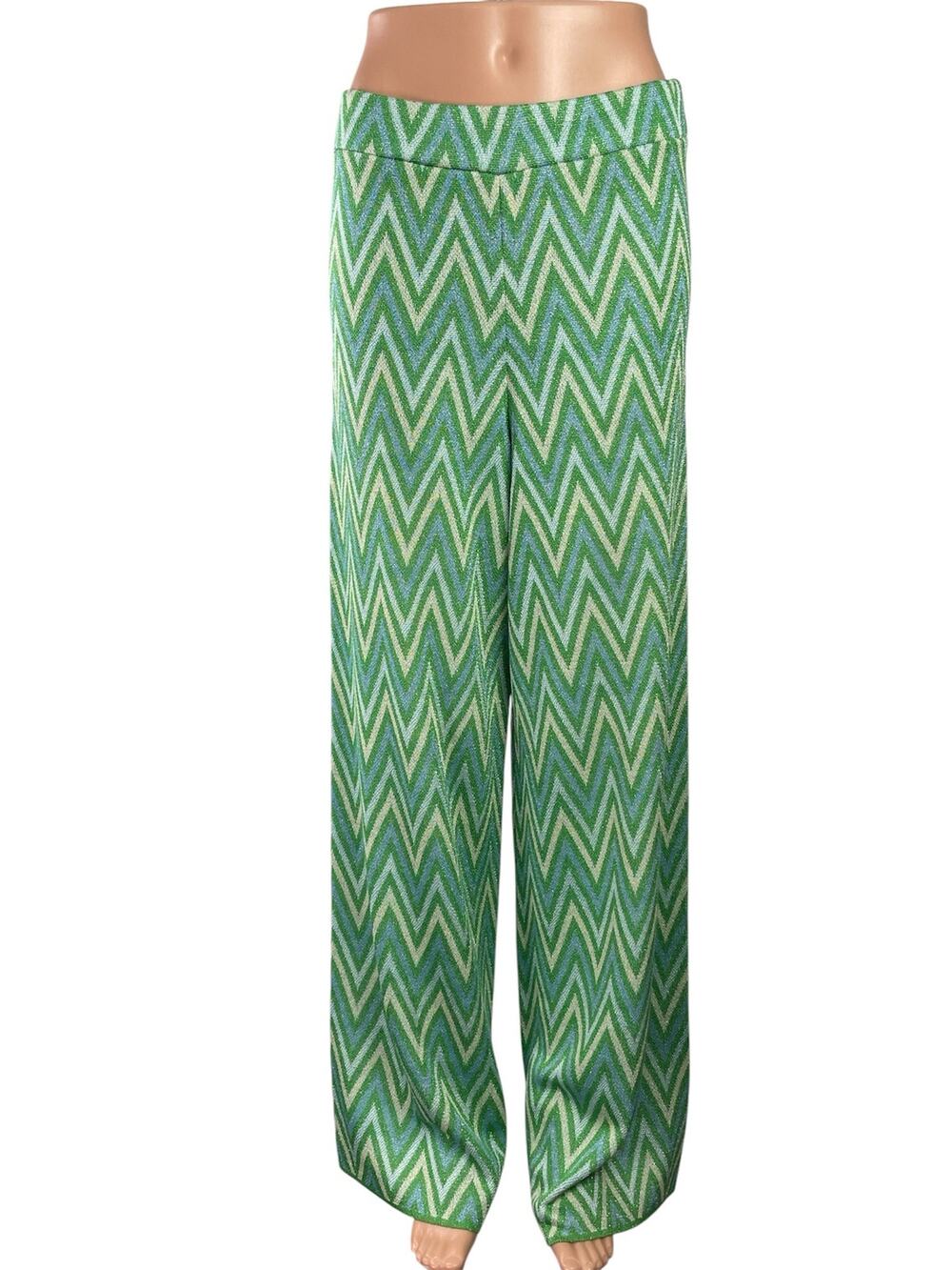 MNG Mango Massiel Green Chevron High Waisted Wide Leg Palazzo Trousers Pants M